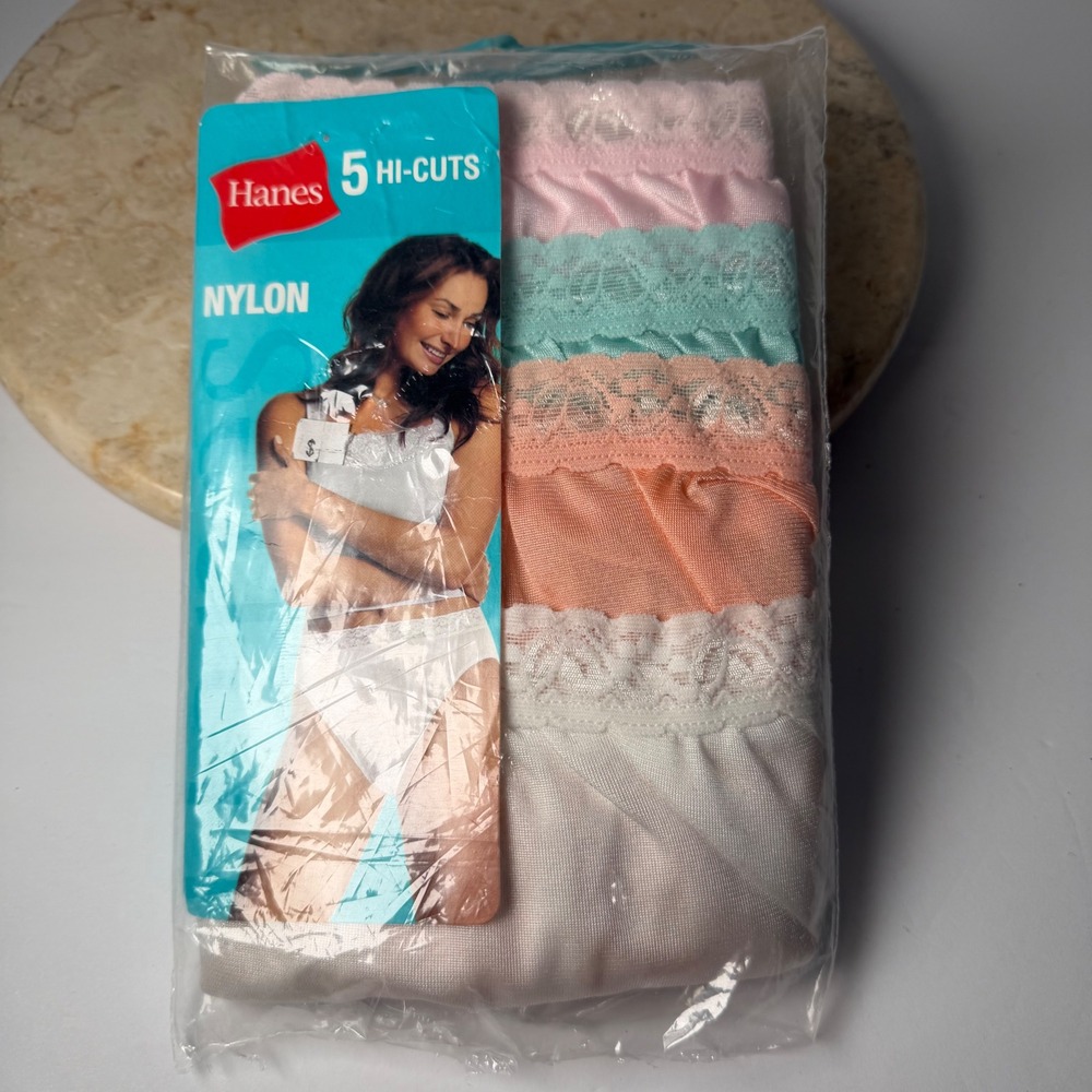 Hanes Hi-Cut Panties Size 6 Multi Color Nylon Lace Waist 5 Pair Pack NEW